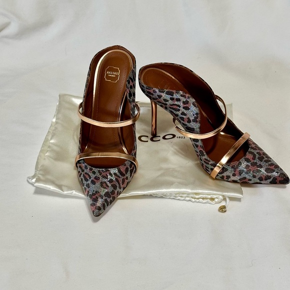 Malone Souliers Shoes - Malone Souliers Leopard Print Maureen Mules with Rose Gold Straps and heel